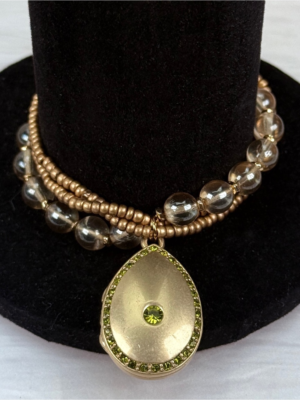 Vintage Goldtone Beaded Stretch Bracelet Teardrop Locket Green Accents